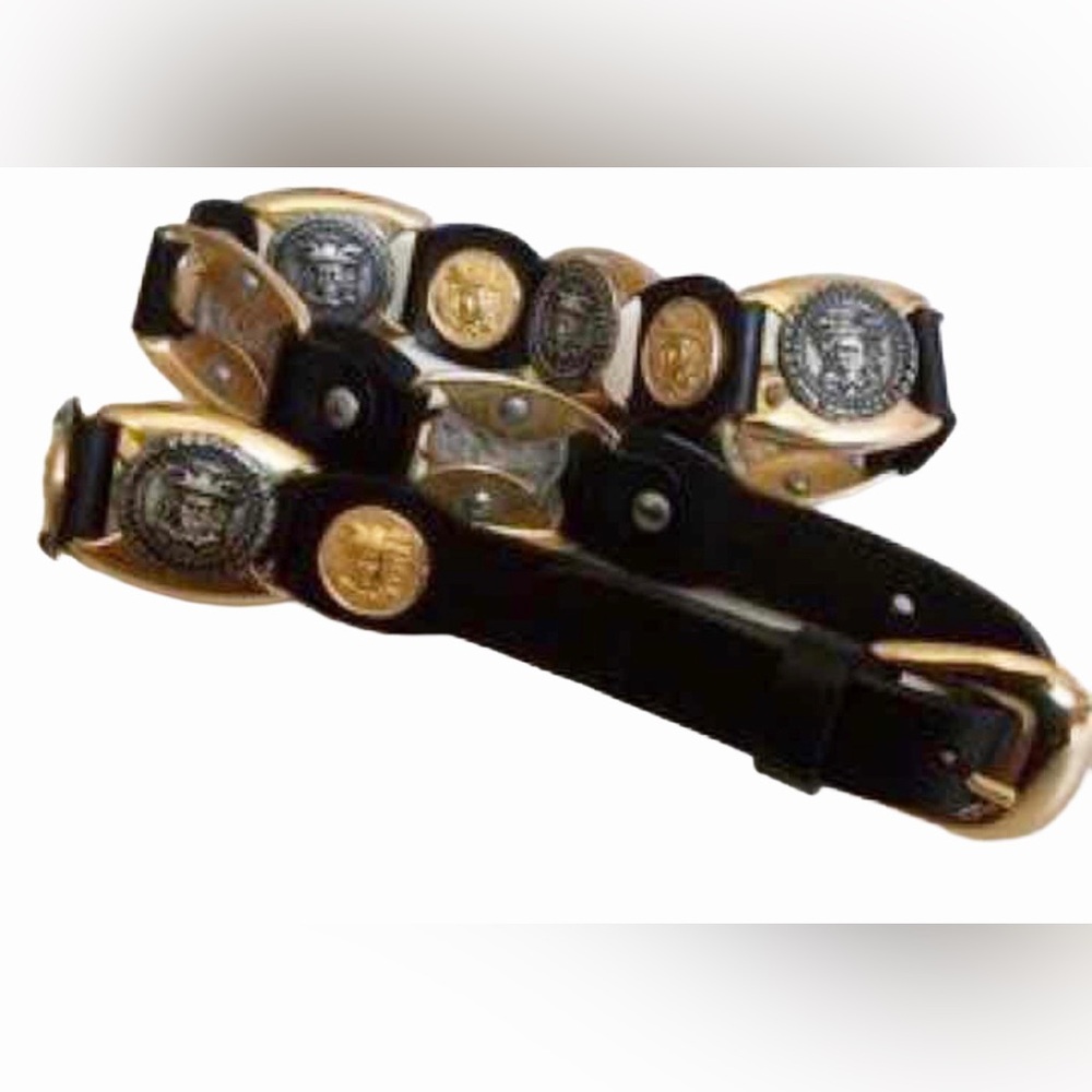 Vintage Versace Estro Versa Gold Black Medusa Head Leather Belt Sz S Italy